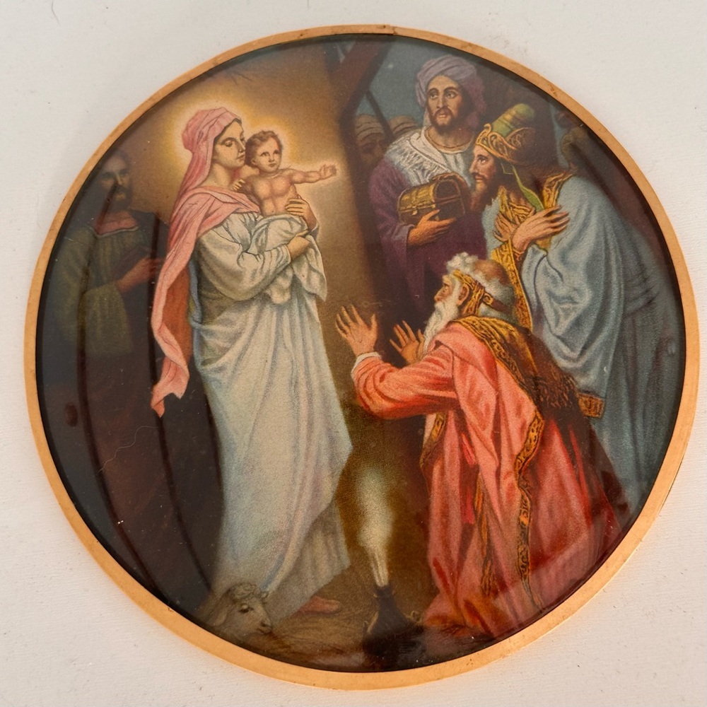 Dome Glass Religious Wall Art Print Adoration Of The Magi Nativity Monastery VTG